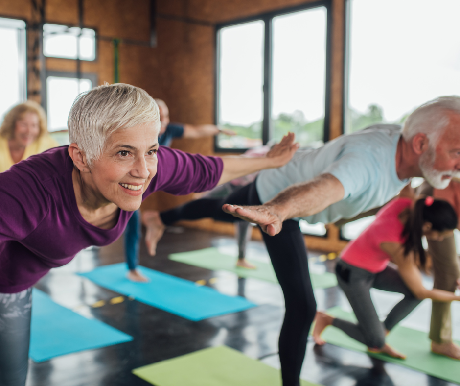 older adults practicing yoga to live a healthy natural lifestyle and prevent cognitive decline